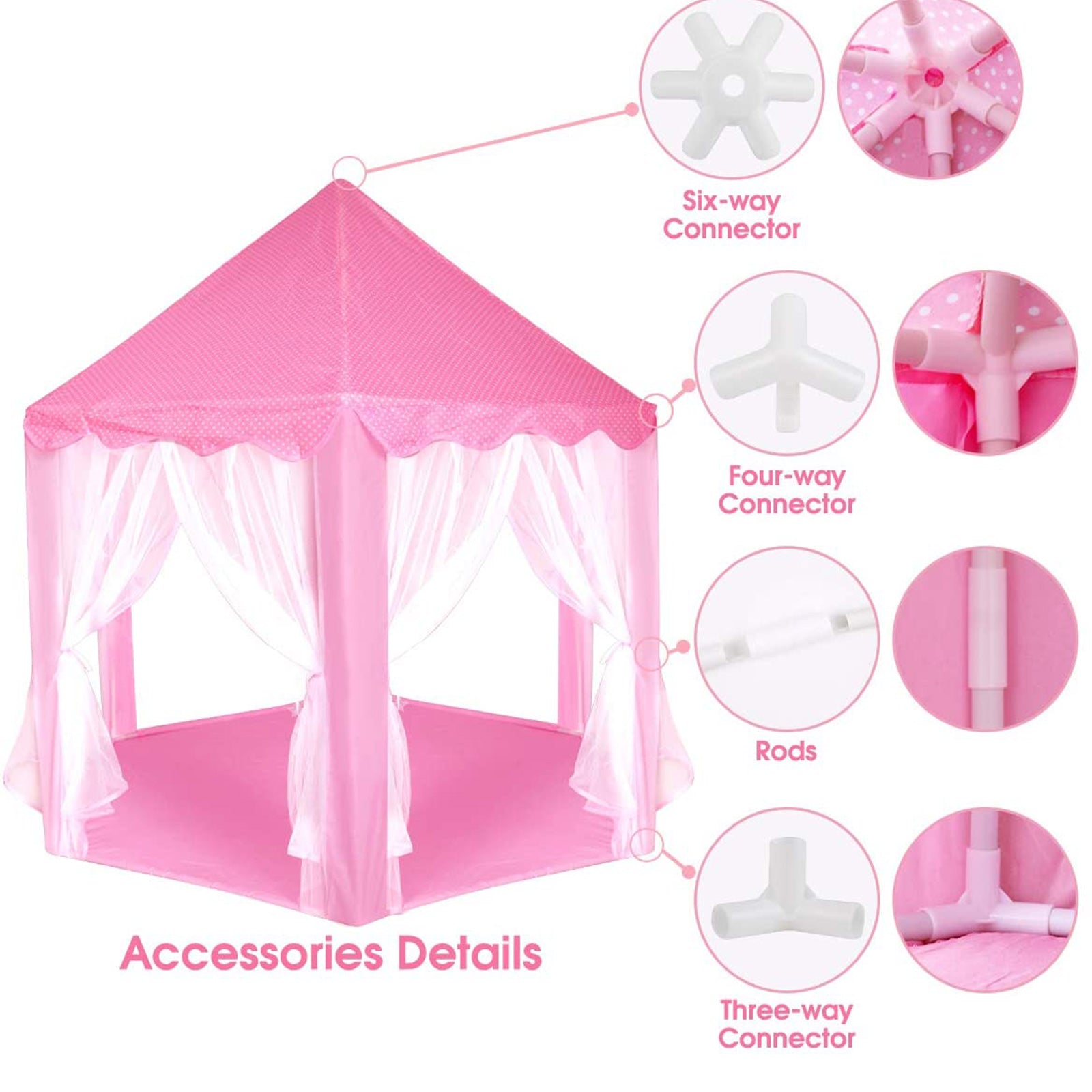 Portable Folding Princess Castle Pink Castle Pop-Up Kids' Play Tent w/ Star Lights
